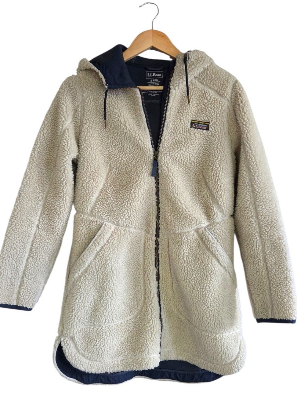 L.L. Bean Mountain Pile Fleece Cream Sherpa Hooded Coat Size Small